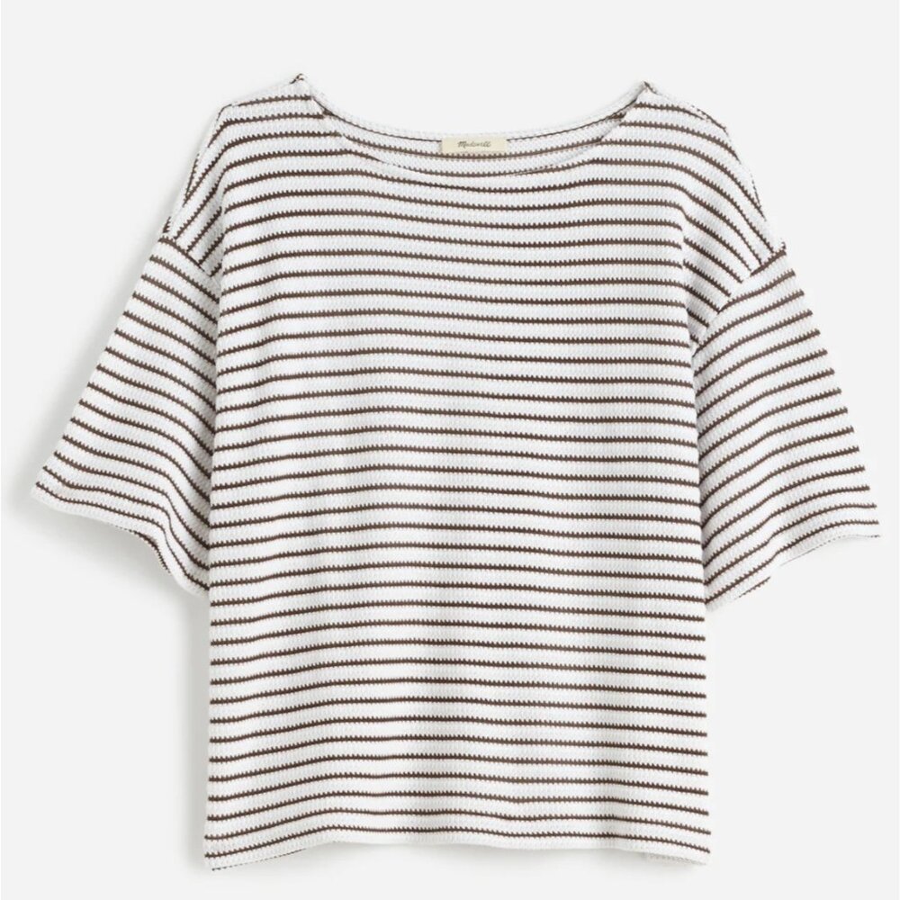 NWT Madewell Women's Sz XS Embroidered Boxy Knit Tee in Stripe Cream Brown NV988 - Picture 8 of 9